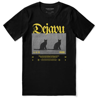 Dejavu Cat T-Shirt by Yūjin Clothing featuring a stylish cat graphic on a comfortable casual T-shirt.