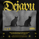 Dejavu cat T-shirt by Yūjin Clothing featuring a stylish cat graphic on a comfortable cotton T-shirt.