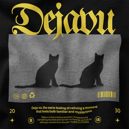 Dejavu cat T-shirt by Yūjin Clothing featuring a stylish cat graphic on a comfortable cotton T-shirt.