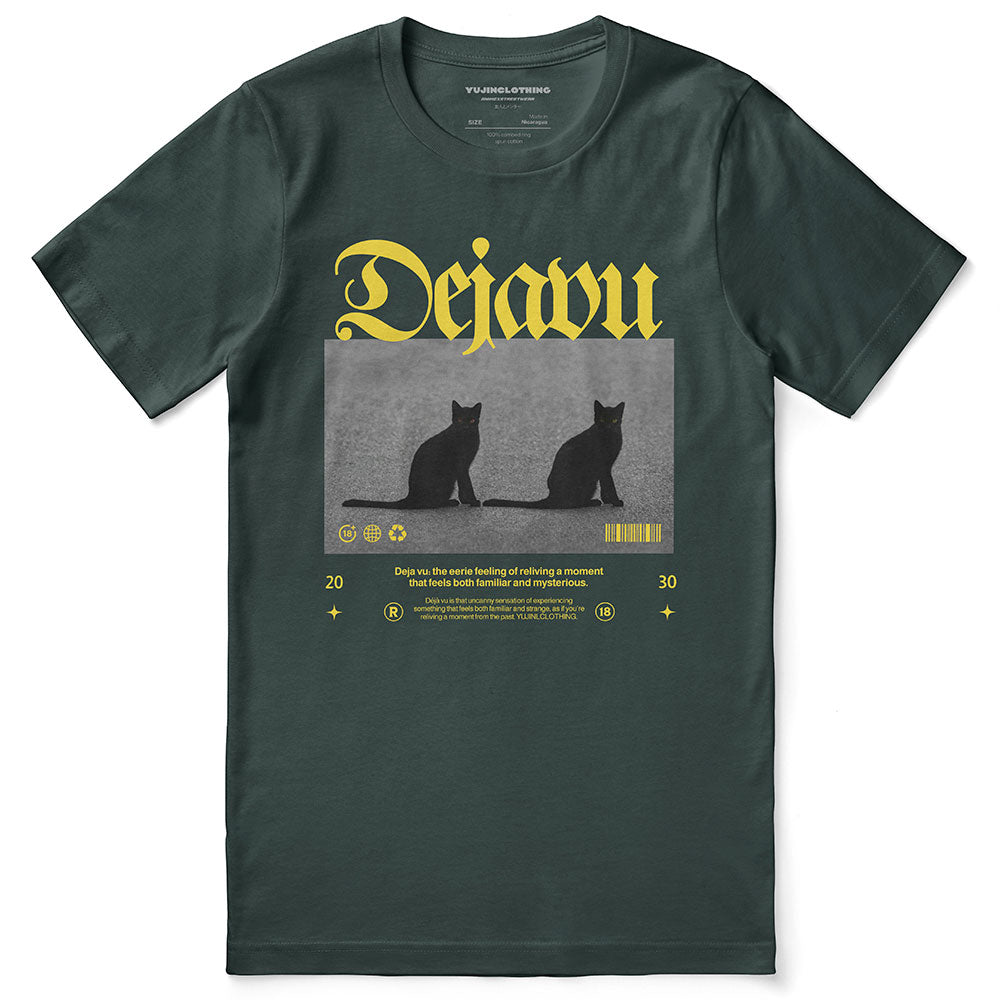 Dejavu Cat T-Shirt by Yūjin Clothing featuring a stylish cat graphic on a comfortable cotton T-shirt for casual wear.