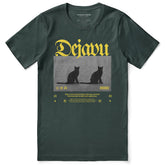 Dejavu Cat T-Shirt by Yūjin Clothing featuring a stylish cat graphic on a comfortable cotton T-shirt for casual wear.