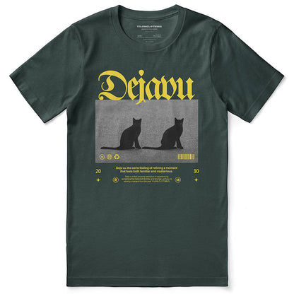 Dejavu Cat T-Shirt by Yūjin Clothing featuring a stylish cat graphic on a comfortable cotton T-shirt for casual wear.