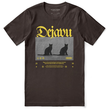 Dejavu Cat T-Shirt by Yūjin Clothing featuring a stylish feline graphic on a comfortable cotton T-shirt.