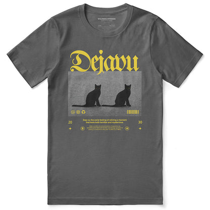 Yūjin Clothing Dejavu Cat T-Shirt featuring a stylish cat graphic on a comfortable casual tee