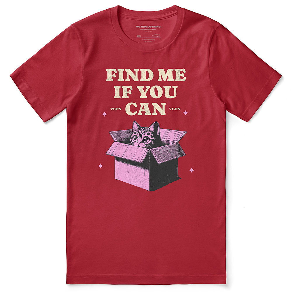 Find Me Cat T-Shirt by Yūjin Clothing featuring a playful cat graphic on a casual cotton T-shirt.