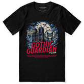Black Gothic Guardian Cat T-Shirt by Yūjin Clothing featuring a detailed cat with gothic design elements on soft fabric.
