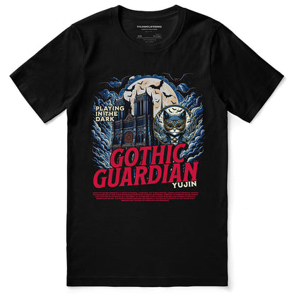 Black Gothic Guardian Cat T-Shirt by Yūjin Clothing featuring a detailed cat with gothic design elements on soft fabric.