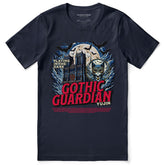 Black Gothic Guardian Cat T-Shirt by Yūjin Clothing featuring a detailed feline design on soft cotton fabric.