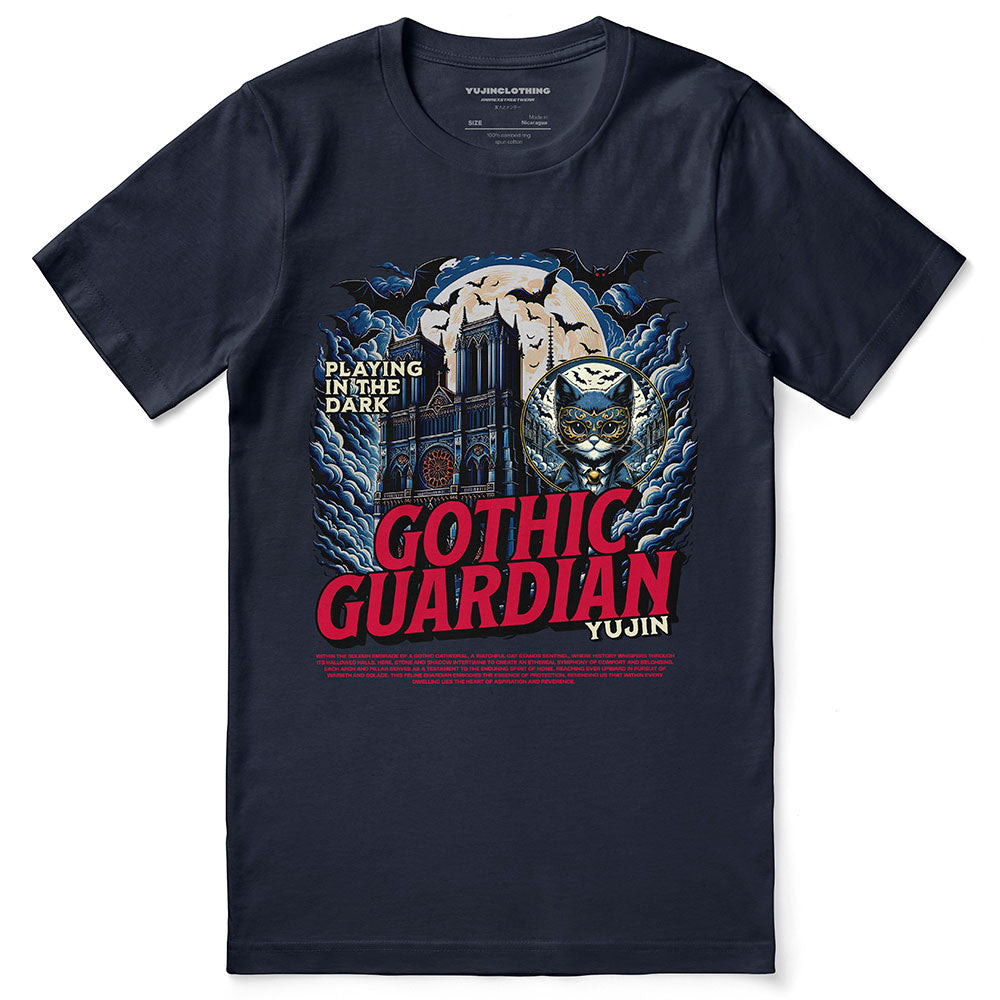 Black Gothic Guardian Cat T-Shirt by Yūjin Clothing featuring a detailed feline design on soft cotton fabric.