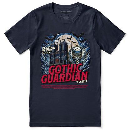 Black Gothic Guardian Cat T-Shirt by Yūjin Clothing featuring a detailed feline design on soft cotton fabric.