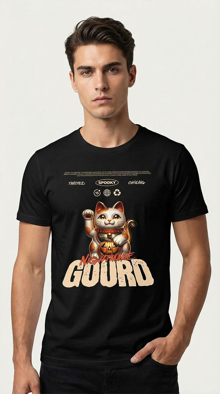 Yūjin Clothing Gourd Nightmare Cat T-Shirt featuring a spooky cat design on a comfortable cotton tee.