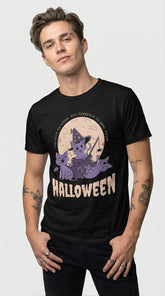 Black Halloween Cats T-Shirt by Yūjin Clothing featuring spooky cat silhouettes on soft, comfortable fabric.