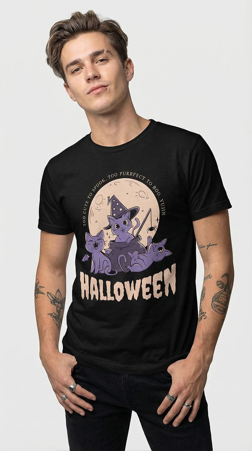 Black Halloween Cats T-Shirt by Yūjin Clothing featuring spooky cat silhouettes on soft, comfortable fabric.