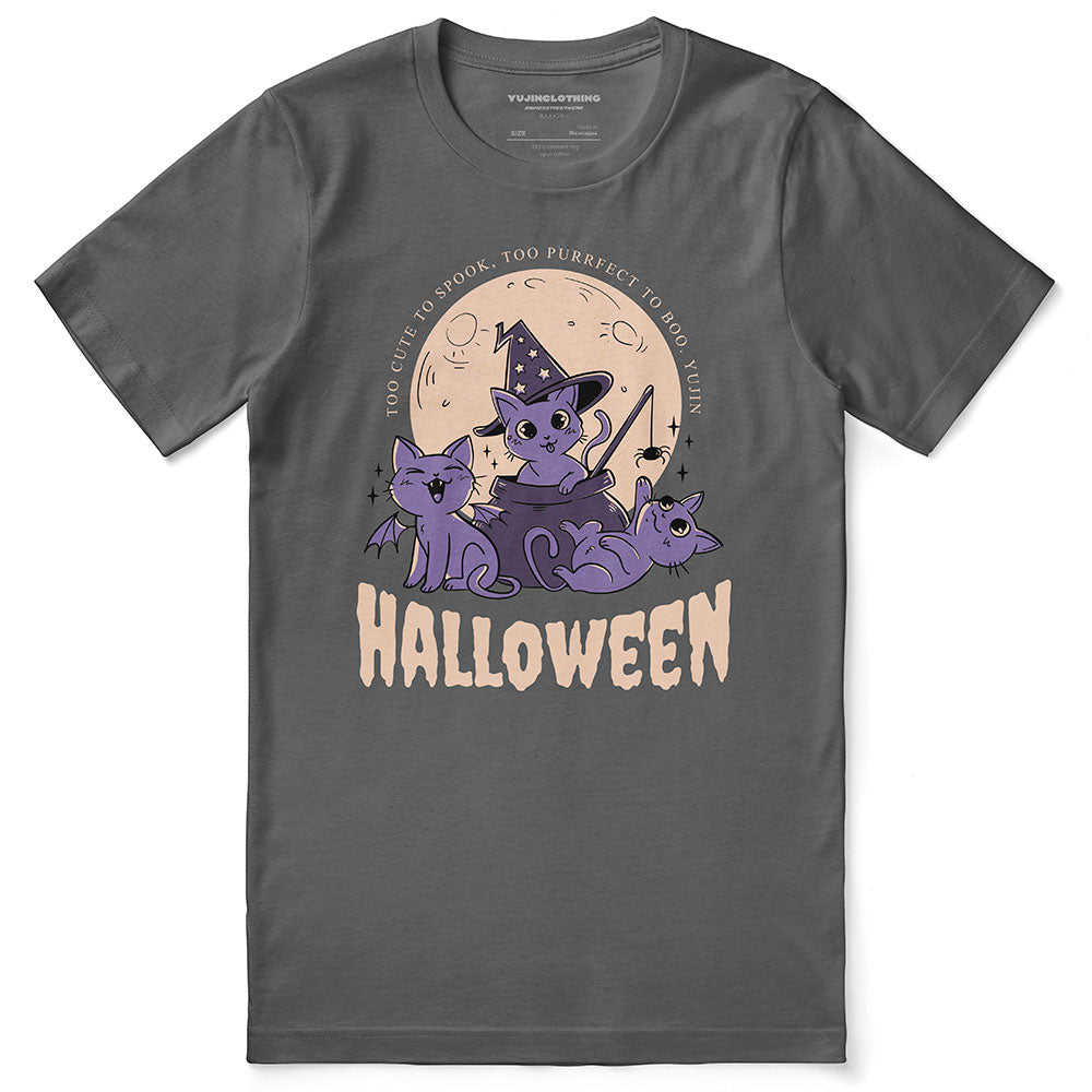 Black Halloween Cats T-Shirt by Yūjin Clothing featuring playful cat illustrations on a dark background.