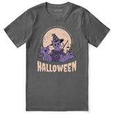 Black Halloween Cats T-Shirt by Yūjin Clothing featuring playful cat illustrations on a dark background.