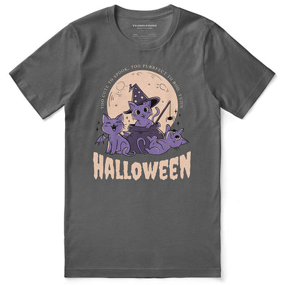 Black Halloween Cats T-Shirt by Yūjin Clothing featuring playful cat illustrations on a dark background.