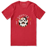 Black Haunted T-Shirt from Yūjin Clothing featuring spooky ghost and haunted house graphic on soft cotton fabric.
