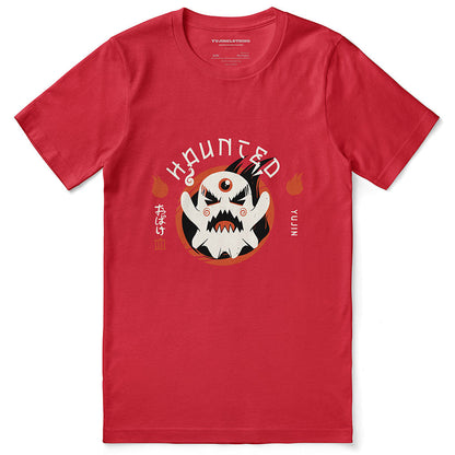 Black Haunted T-Shirt from Yūjin Clothing featuring spooky ghost and haunted house graphic on soft cotton fabric.