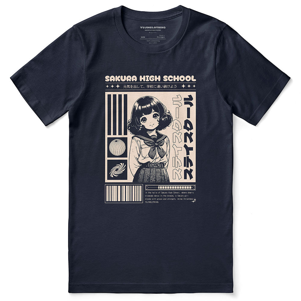 High School Girl T-Shirt by Yūjin Clothing featuring a casual fit with a graphic print of a girl in school uniform.