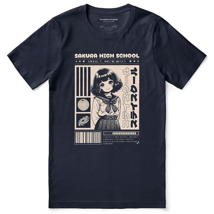 High School Girl T-Shirt by Yūjin Clothing featuring a casual fit with a graphic print of a girl in school uniform.