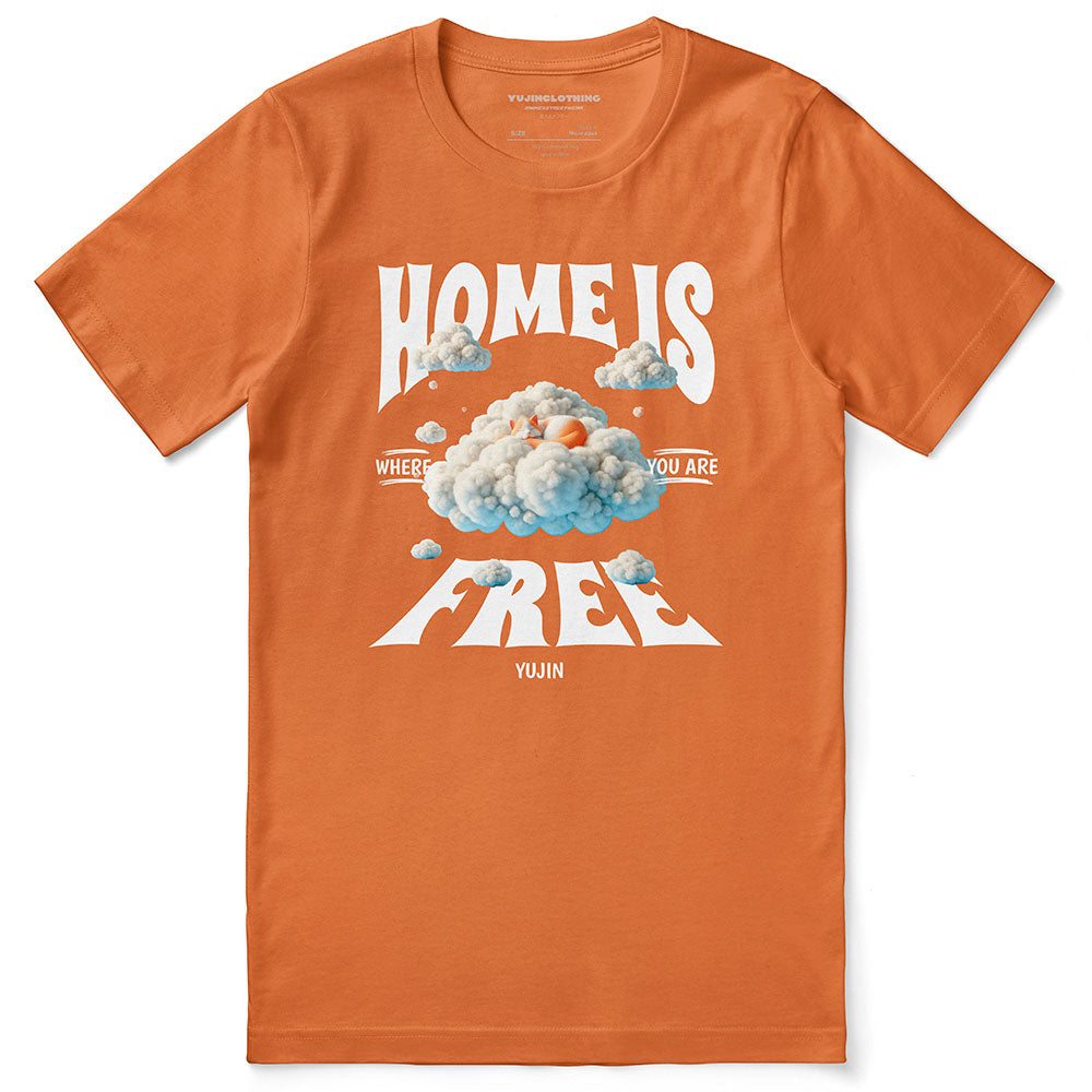 Home cat T-shirt by Yūjin Clothing featuring a cozy cat design on a comfortable casual T-shirt.