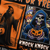Yūjin Clothing Knock Knock Halloween T-Shirt featuring spooky graphic design on black cotton fabric.