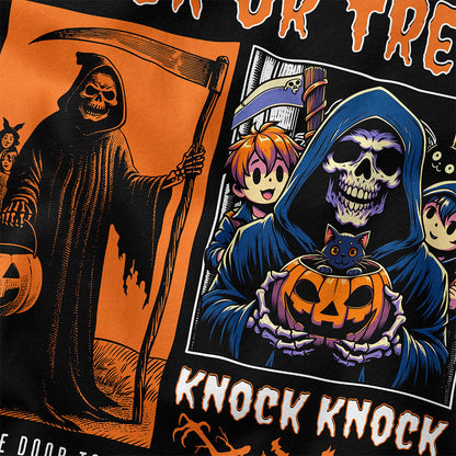 Yūjin Clothing Knock Knock Halloween T-Shirt featuring spooky graphic design on black cotton fabric.