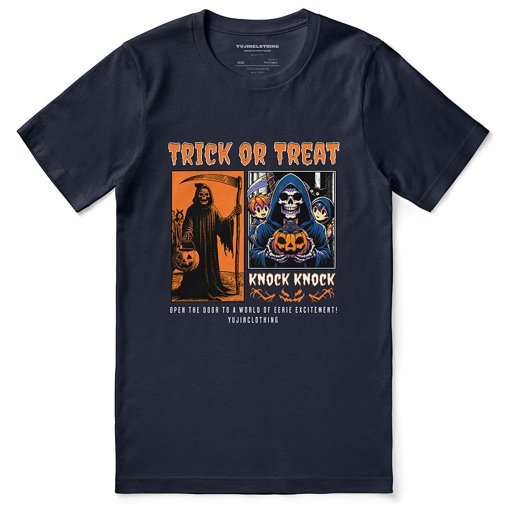 Yūjin Clothing Knock Knock Halloween T-Shirt featuring spooky graphic design and comfortable fit for Halloween festivities.