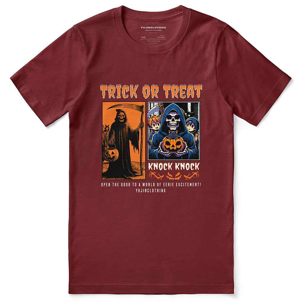 Yellow Knock Knock Halloween T-Shirt by Yūjin Clothing featuring festive Halloween-themed graphic on soft cotton fabric.