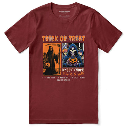 Yellow Knock Knock Halloween T-Shirt by Yūjin Clothing featuring festive Halloween-themed graphic on soft cotton fabric.