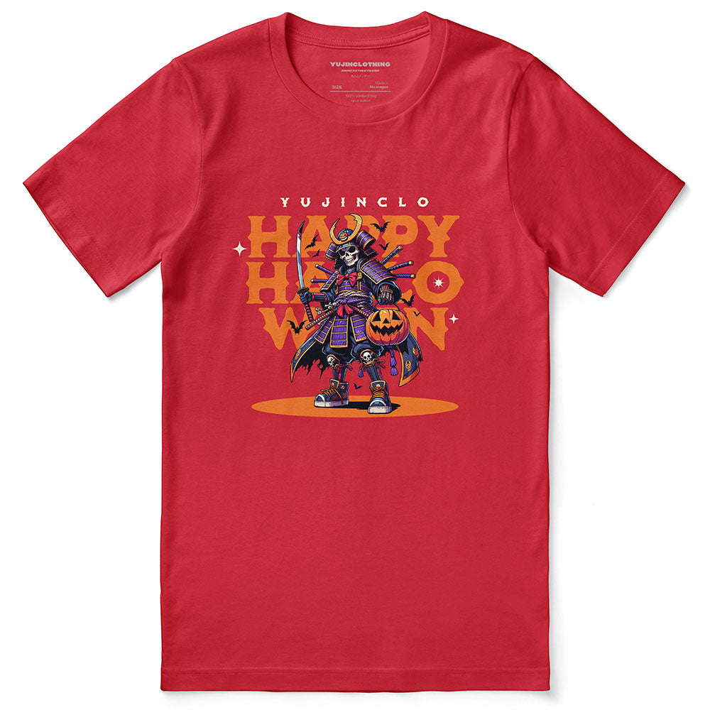 Yūjin Clothing Samurai Halloween T-Shirt featuring a detailed samurai warrior design on a casual black T-shirt.