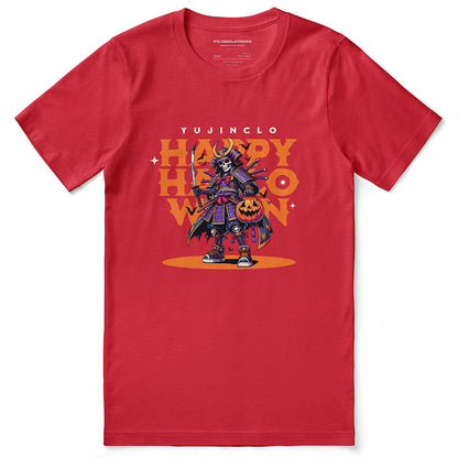 Yūjin Clothing Samurai Halloween T-Shirt featuring a detailed samurai warrior design on a casual black T-shirt.