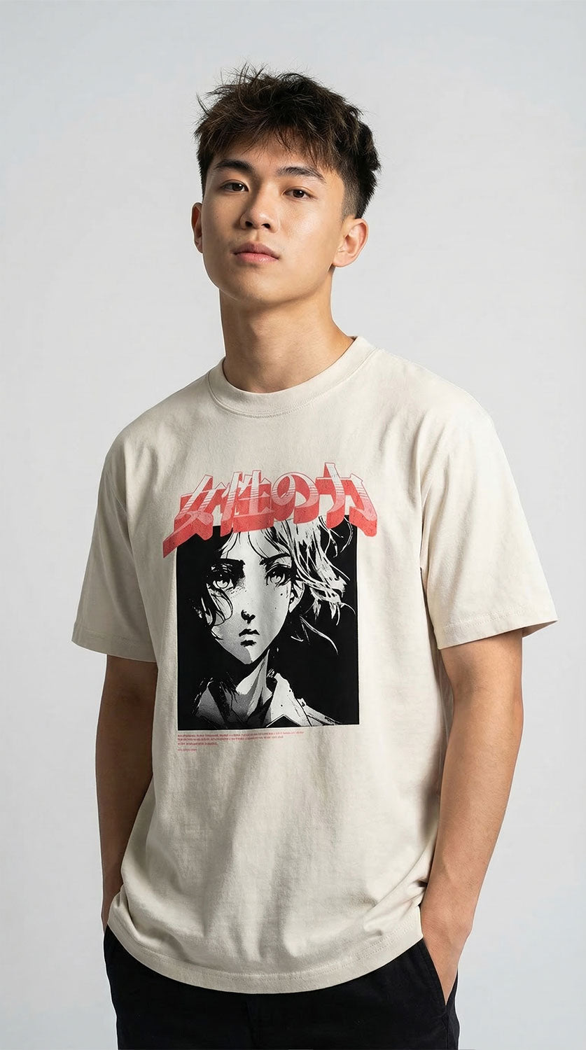 Yūjin Clothing Josei no Chikara oversized faded T-shirt with relaxed fit and distressed design, casual streetwear style.