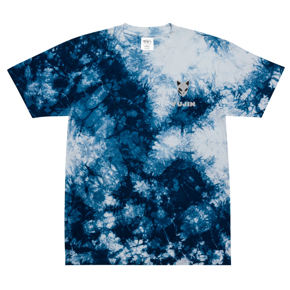 Yūjin Clothing Kitsune Mask tie-dye T-shirt featuring a colorful fox face design on soft cotton fabric.