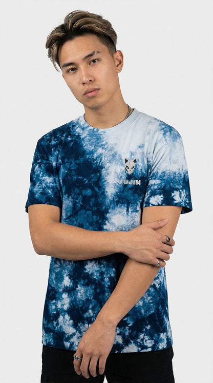 Yūjin Clothing Kitsune Mask tie-dye T-Shirt featuring a colorful fox mask design on a vibrant tie-dye fabric.