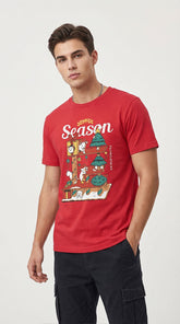 Yūjin Clothing Joyful Season T-Shirt displayed on a hanger, featuring a vibrant, colorful design on soft cotton fabric.