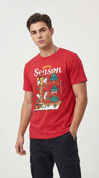 Yūjin Clothing Joyful Season T-Shirt displayed on a hanger, featuring a vibrant, colorful design on soft cotton fabric.