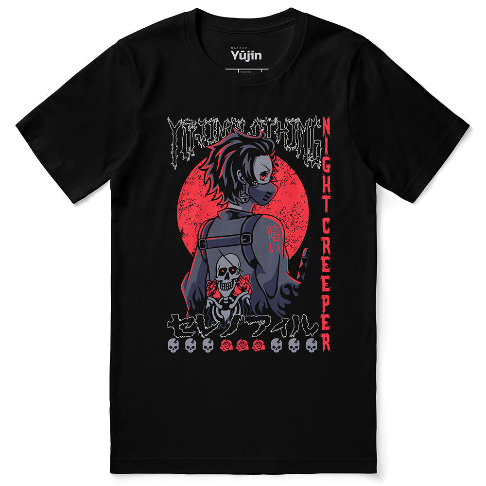 Black Night Creeper T-Shirt by Yūjin Clothing featuring a detailed night-themed graphic design on soft cotton fabric.