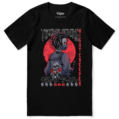 Black Night Creeper T-Shirt by Yūjin Clothing featuring a detailed night-themed graphic design on soft cotton fabric.