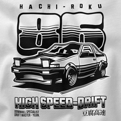 Yūjin Clothing high-speed car graphic T-shirt showcasing a sleek sports car design on a casual black T-shirt.