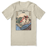 Yūjin Clothing Cat Final Battle T-Shirt showing a detailed graphic design of a cat engaged in a battle on a casual black T-shirt