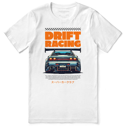 Yūjin Clothing Drift Racing Car T-Shirt with a graphic of a fast-moving race car on a black casual tee.