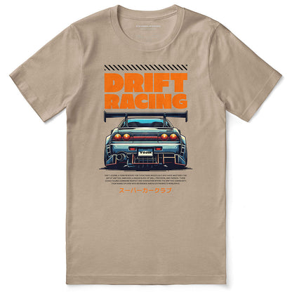 Yūjin Clothing Drift Racing Car T-Shirt featuring a dynamic racing car graphic on a casual cotton T-shirt.
