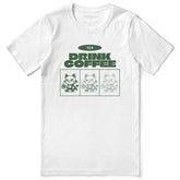 Yūjin Clothing Drink Coffee Cat T-Shirt featuring a playful cat design on a casual cotton tee.