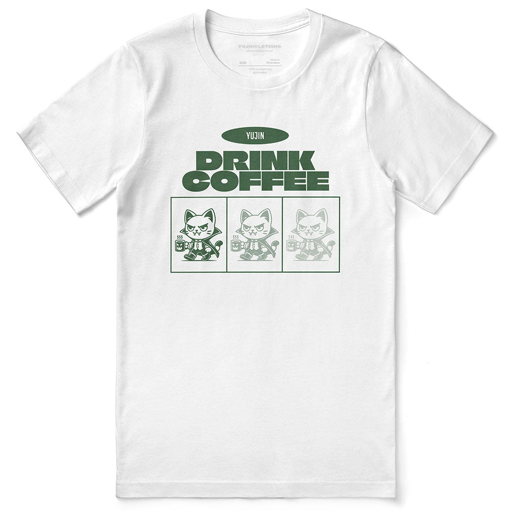 Yūjin Clothing Drink Coffee Cat T-Shirt featuring a playful cat design on a casual cotton tee.