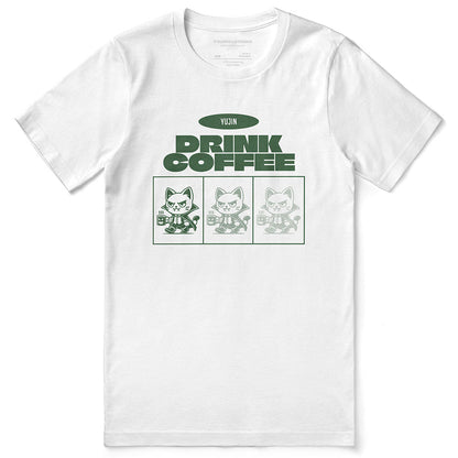 Yūjin Clothing Drink Coffee Cat T-Shirt featuring a playful cat design on a casual cotton tee.