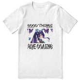 Yūjin Clothing Good Things Are Coming T-Shirt displayed flat, featuring a white cotton T-shirt with motivational text design.