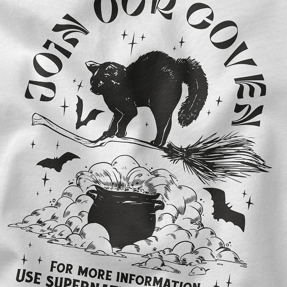 Yūjin Clothing Join Our Coven cat T-Shirt featuring a witchy design with a black cat and moon print on a comfortable black cotton tee.
