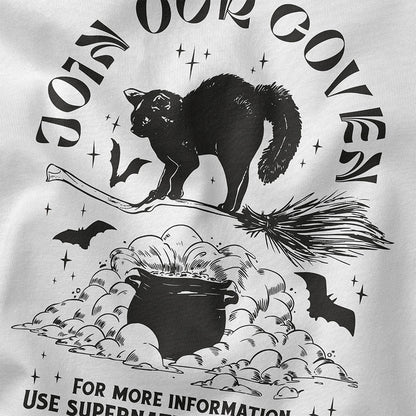 Yūjin Clothing Join Our Coven cat T-Shirt featuring a witchy design with a black cat and moon print on a comfortable black cotton tee.
