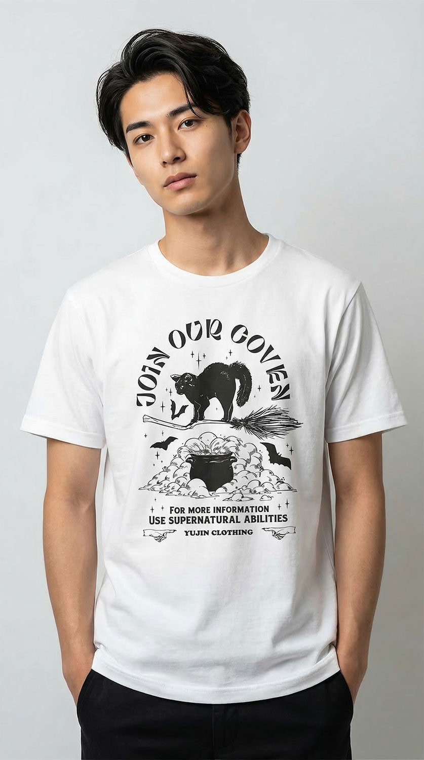 Yūjin Clothing Join Our Coven cat T-Shirt featuring a black T-shirt with a mystical coven and cat graphic design.